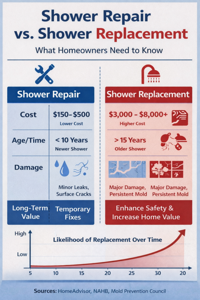 Infographic comparing shower repair vs. shower replacement, highlighting cost, time, damage severity, and long-term value — designed for homeowners considering bathroom updates.